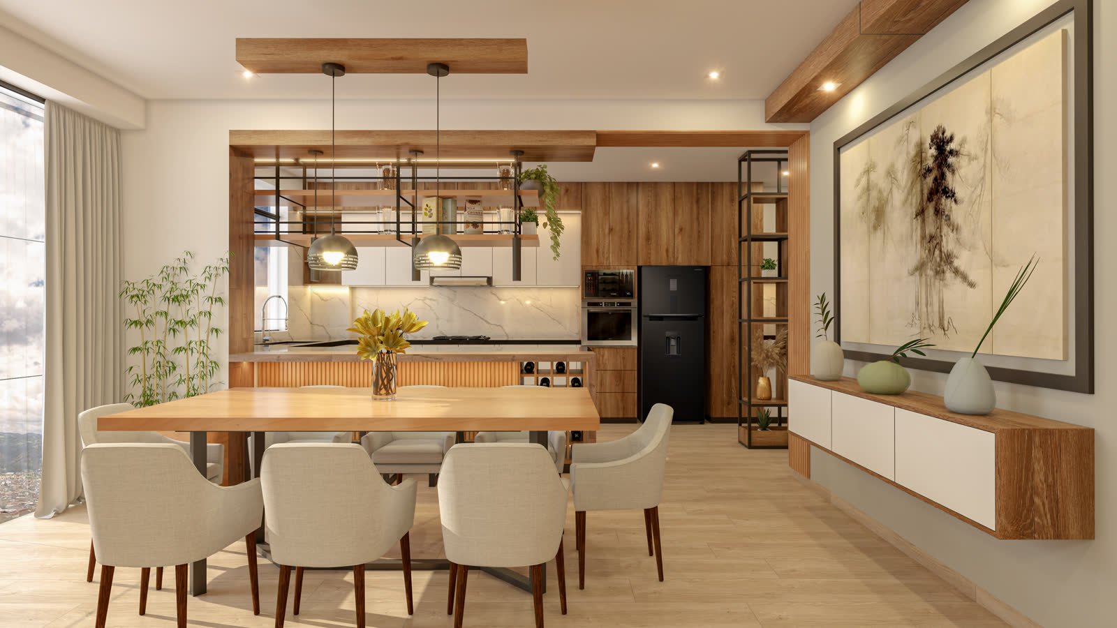 Sala y Comedor ON, interiorismo en Cajamarca, visualización de anteproyecto de HK BLUE GREEN — imagen 2 de 4