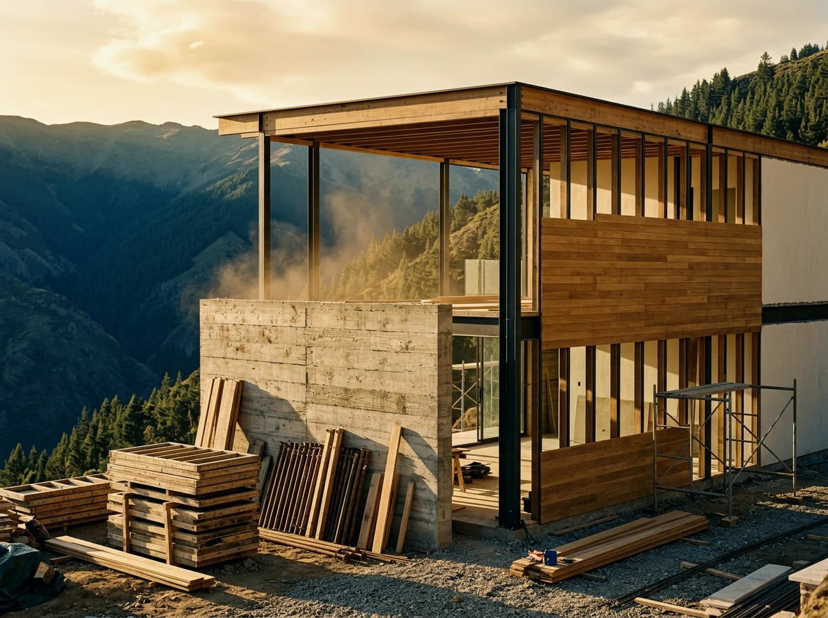 Casa contemporánea en obra al atardecer, con muros de hormigón encofrado y el primer revestimiento de madera montado