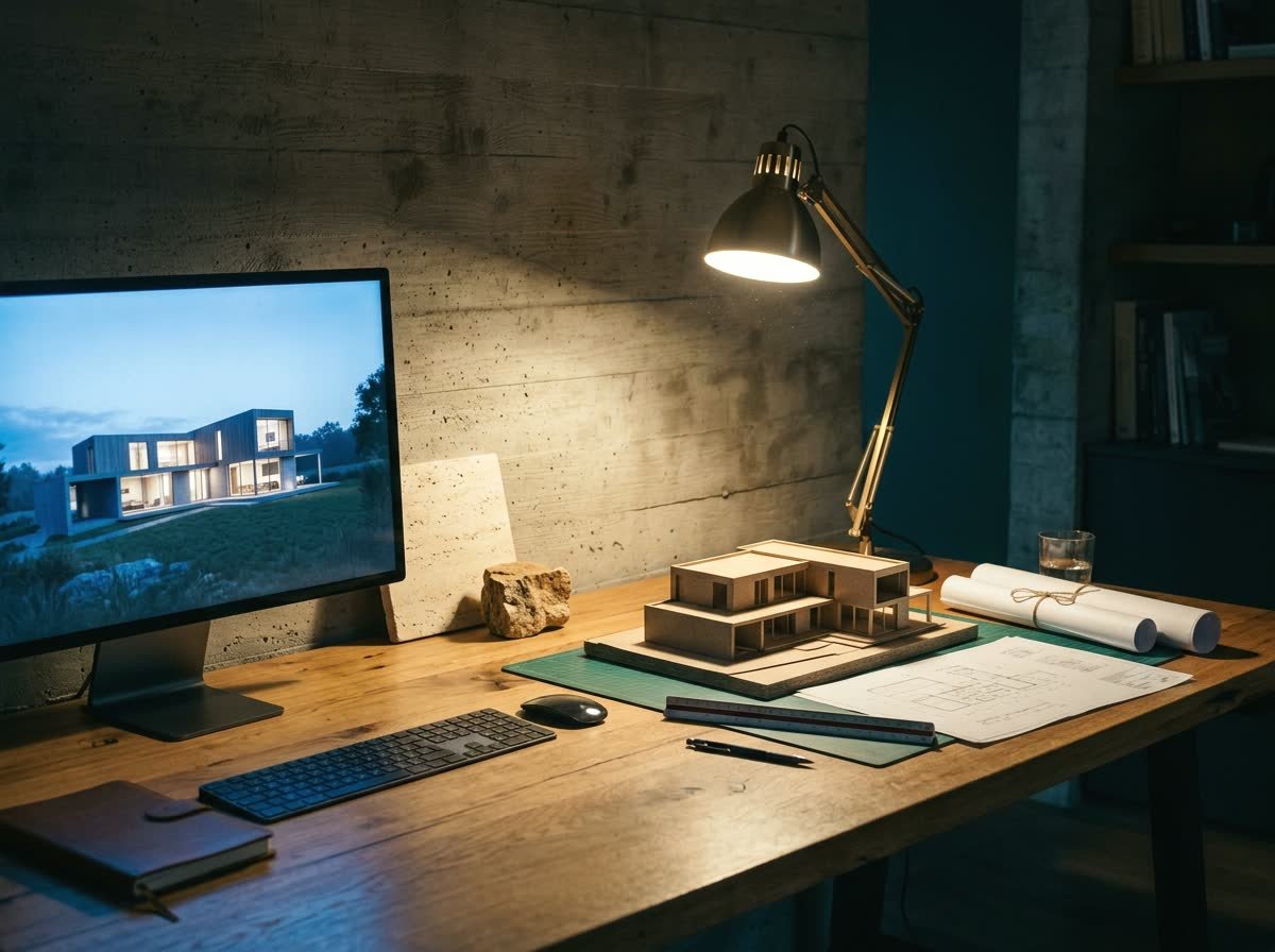 Mesa de trabajo de arquitectura al anochecer, con planos, maqueta de estudio y una pantalla mostrando el render de una casa