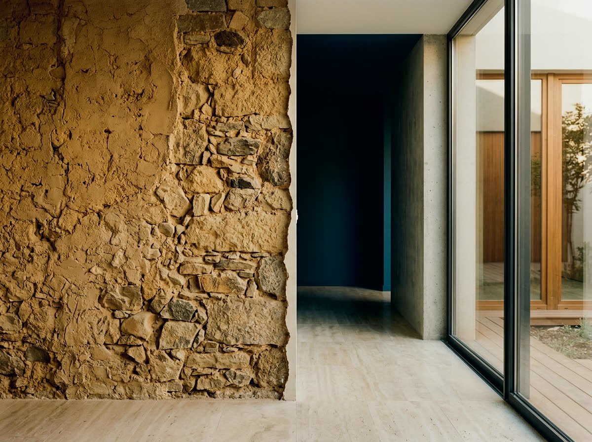 Encuentro entre un muro antiguo de adobe y piedra y una intervención nueva de hormigón liso y vidrio